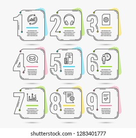 Infographic template with numbers 9 options. Set of Survey results, Headphones and Waiting icons. Contactless payment, Messenger and Technical documentation signs. Vector