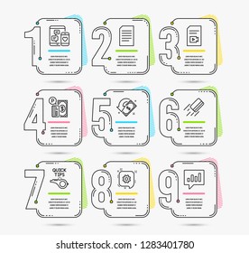 Infographic template with numbers 9 options. Set of Tutorials, Document and Cashback icons. Social media, Parking payment and Cogwheel signs. Credit card, Video file and Analytical chat symbols