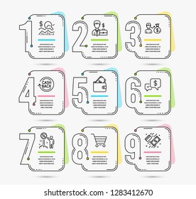 Infographic template with numbers 9 options. Set of Cashback, Check investment and Market sale icons. Sallary, Businessman case and Discount signs. Wallet, Payment received and Payment symbols