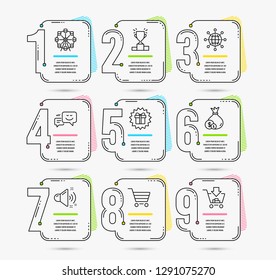 Infographic template with numbers 9 options. Set of Cash, Market sale and Surprise gift icons. International globe, Loud sound and Winner podium signs. Ferris wheel, Happy emotion and Shopping symbols