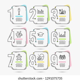 Infographic template with numbers 9 options. Set of Tea cup, Upper arrows and Face cream icons. Efficacy, Gingerbread man and Graduation cap signs. Vector