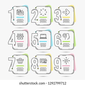 Infographic template with numbers 9 options. Set of Shop cart, Engineering documentation and Maximize icons. Notebook, Romantic talk and Accounting report signs. Next, Group and Sms symbols. Vector
