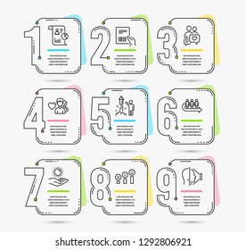 Infographic template with numbers 9 options. Set of Report, Customer satisfaction and Fireworks icons. Sun protection, Queue and Parcel invoice signs. Man love, Dating chat and Face id symbols