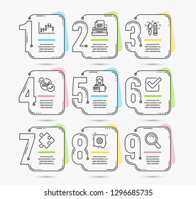 Infographic template with numbers 9 options. Set of Strategy, Woman read and Candlestick graph icons. Cogwheel, Creativity and Checkbox signs. Typewriter, Statistics and Search symbols. Vector