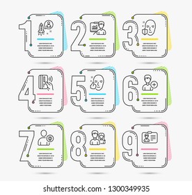 Infographic template with numbers 9 options. Set of Face protection, Healthy face and Couple icons. Contactless payment, Startup and Add person signs. Vector