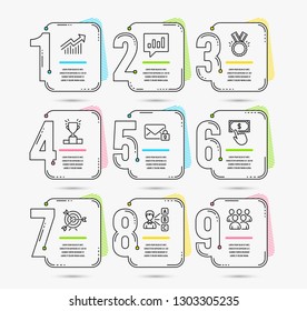 Infographic template with numbers 9 options. Set of Demand curve, Opinion and Payment click icons. Analytical chat, Winner podium and Honor signs. Secure mail, Target and Group symbols. Vector