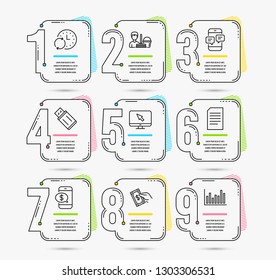 Infographic template with numbers 9 options. Set of Internet, Usb flash and Document icons. Cleaning service, Pay money and Update time signs. Phone payment, Phone messages and Bar diagram symbols