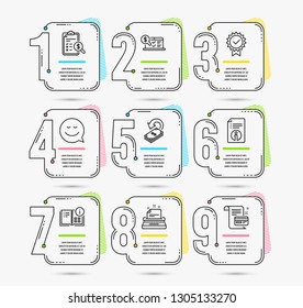 Infographic template with numbers 9 options. Set of Typewriter, Instruction info and Technical info icons. Smile, Cashback and Accounting report signs. Vector