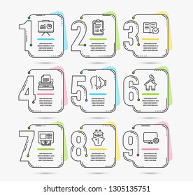 Infographic template with numbers 9 options. Set of Home, Approved documentation and Atm icons. Ship, Approved checklist and Typewriter signs. Face id, Presentation and Monitor settings symbols