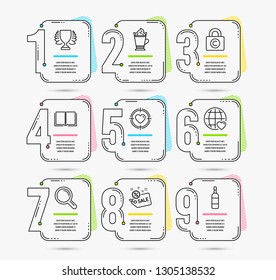 Infographic template with numbers 9 options. Set of International love, Latte coffee and Sale icons. Book, Valentine target and Winner signs. Research, Copyright locker and Brandy bottle symbols