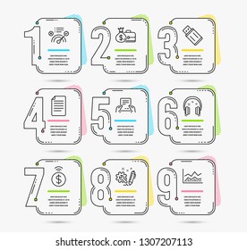Infographic template with numbers 9 options. Set of Headphones, Receive file and File icons. Usb flash, Engineering and Contactless payment signs. Correct answer, Salary and Trade infochart symbols