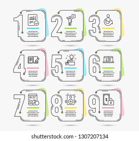 Infographic template with numbers 9 options. Set of Feedback, Web lectures and Agent icons. Internet report, Creative idea and Speakers signs. Share, Checked calculation and Private payment symbols