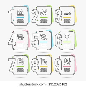 Infographic template with numbers 9 options. Set of Idea, Statistics and Best manager icons. Report checklist, Monitor settings and Technical documentation signs. Vector