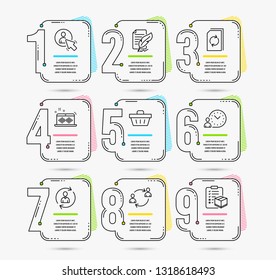 Infographic template with numbers 9 options. Set of Feather signature, Shopping basket and Person info icons. User, User communication and Time management signs. Vector