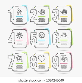 Infographic template with numbers 9 options. Set of Love, Valentine target and Dating network icons. Dating chat, Love mail and Heart signs. Social media symbol. Vector