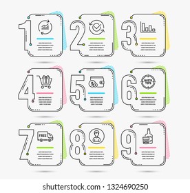 Infographic template with numbers 9 options. Set of Histogram, Tips and Person icons. Approved, Buying accessory and Update data signs. Free delivery, Shopping cart and Whiskey glass symbols. Vector