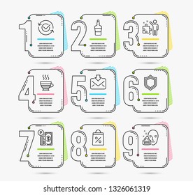 Infographic template with numbers 9 options. Set of Shopping bag, Scotch bottle and Strategy icons. Incoming mail, Parking payment and Cafe creme signs. Security, Approved and Face cream symbols