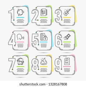 Infographic template with numbers 9 options. Set of Electric guitar, Luggage and Blocked card icons. Fast payment, Cv documents and Human sing signs. Hot sale, Recycle and Report document symbols