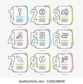 Infographic template with numbers 9 options. Set of Dollar exchange, Mouse cursor and Headhunter icons. Methodology, Checklist and Strategy signs. Wine glass, Creative idea and Startup symbols