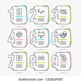 Infographic Template With Numbers 9 Options. Set Of Tips, Communication And Road Banner Icons. Facts, Balance And Parking Signs. Credit Card, Upload File And Mail Letter Symbols. Vector