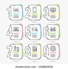 Infographic template with numbers 9 options. Set of Graph, Smartphone and Launch project icons. Secure mail, Online video and Parking security signs. Vector
