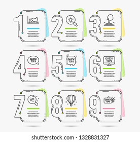 Infographic template with numbers 9 options. Set of Energy, Elastic and Air balloon icons. Skin condition, Trade chart and Quick tips signs. Web tutorials, Quickstart guide and Education idea symbols