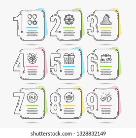 Infographic template with numbers 9 options. Set of Refresh cart, Sale and Creativity icons. Gift box, Ferris wheel and Surprise boxes signs. Balloon dart, Roller coaster and Santa boots symbols