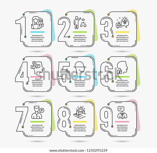 Infographic template with numbers 9 options. Set\
of Skin care, Unlock system and Idea icons. Valet servant, Women\
headhunting and Algorithm signs. Messages, Face scanning and\
Support service\
symbols