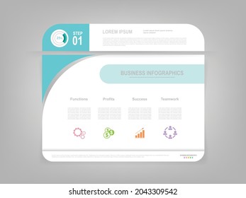 Infographic template on work sheet, blue flat design of business icon, there are words such as functions, profits, success, and teamwork.