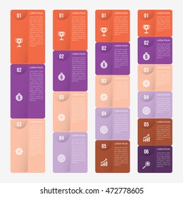 infographic template orange and purple with 3, 4, 5, 6 steps