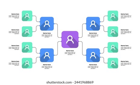 Infografik-Vorlage Organigramm mit Geschäftsavatar-Symbolen. Vektorgrafik