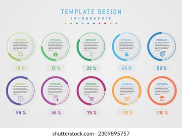 Infographic Template Percent Circles Divided In Multi Colored Sections According to the numbers below the middle button, there are letters and icons with a gray gradient background.