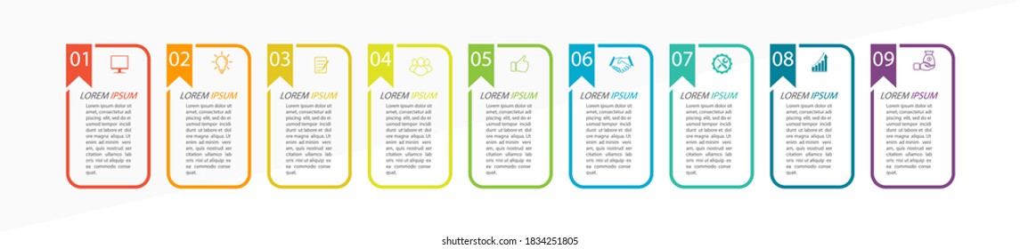 Infographic template with pictograms for modeling business, Finance, project, plan, or marketing stages. Flat vector style
