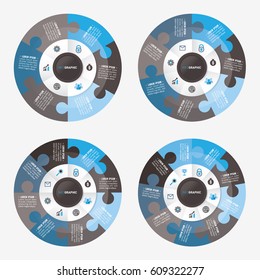 infographic template pie black and blue charts with 6, 7, 8, 9 steps