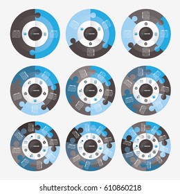 infographic template pie black and blue charts with 2, 3, 4, 5, 6, 7, 8, 9, 10 steps