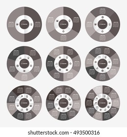 infographic template pie black charts with 2, 3, 4, 5, 6, 7, 8, 9, 10 steps