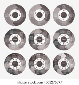 infographic template pie black charts with 2, 3, 4, 5, 6, 7, 8, 9, 10 steps