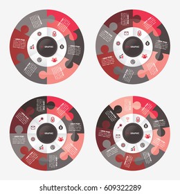 infographic template pie black and red charts with 6, 7, 8, 9 steps