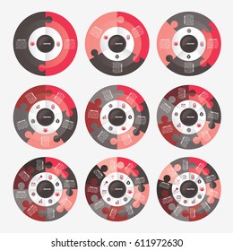 infographic template pie black and red charts with 2, 3, 4, 5, 6, 7, 8, 9, 10 steps