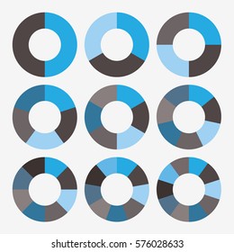 infographic template pie blue and black charts with 2, 3, 4, 5, 6, 7, 8, 9, 10 steps