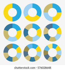 plantilla infográfica circular azul y amarillo negro con 2, 3, 4, 5, 6, 7, 8, 9, 10 pasos