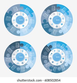 infographic template pie blue charts with 6, 7, 8, 9 steps