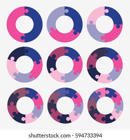 infographic template pie blue and pink chart with 2, 3, 4, 5, 6, 7, 8, 9, 10 steps