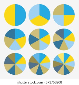 Infographic Template Pie Blue And Yellow Charts With 2, 3, 4, 5, 6, 7, 8, 9, 10 Steps