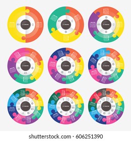 infographic template pie charts with 2, 3, 4, 5, 6, 7, 8, 9, 10 steps