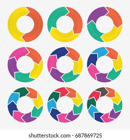 infographic template pie charts with 2, 3, 4, 5, 6, 7, 8, 9 steps