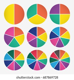 infographic template pie charts with 2, 3, 4, 5, 6, 7, 8, 9 steps