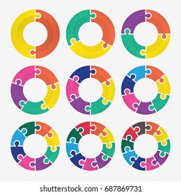 infographic template pie charts with 2, 3, 4, 5, 6, 7, 8, 9 steps