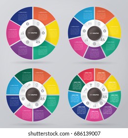 infographic template pie charts with 6, 7, 8, 9 steps