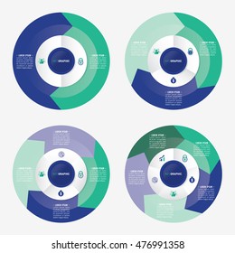 infographic template pie green and blue charts with 2, 3, 4, 5 steps